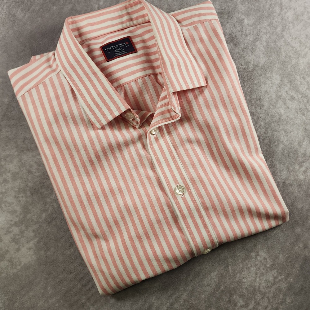 UNTUCKit Rose Valley Wrinkle-Free Mens L Regular Fit Pink White Striped Shirt
